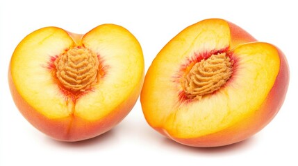 A luscious, ripe peach sliced open to reveal its golden flesh, Each juicy segment tempting with its sweetness