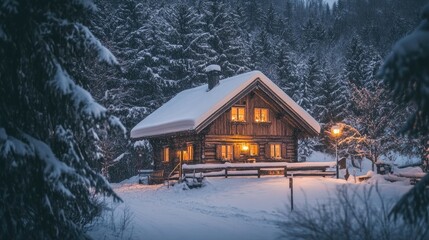 Rustic alpine chalet with wooden exterior, snow-covered, warm inviting lights