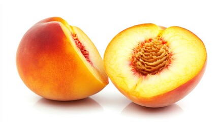 A luscious, ripe peach sliced open to reveal its golden flesh, Each juicy segment tempting with its sweetness