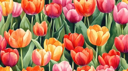 Fototapeta premium Watercolor bouquet of vibrant spring tulips in a seamless pattern ideal for fabric and wallpaper design