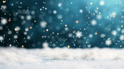 Fototapeta premium Snowy landscape with falling snowflakes and lights.