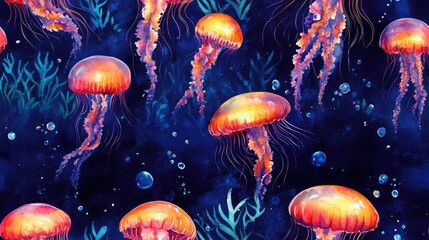 Seamless watercolor pattern featuring bright jellyfish surrounded by vibrant seaweed and playful bubbles ideal for textile design and ocean themed decor