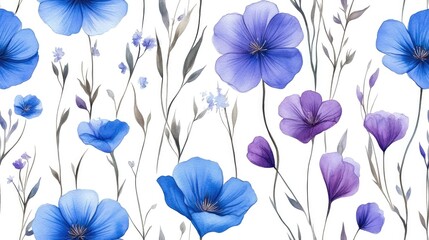Seamless pattern of vibrant blue and purple flax flowers with wild spring leaves ideal for fabric wallpaper texture design watercolor floral print