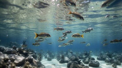Obraz premium An underwater view of the ocean with school fish. Sea life in clear water-