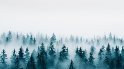 Misty forest landscape with evergreen trees.
