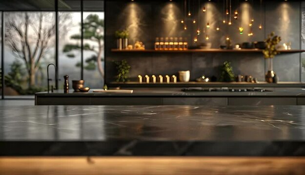 Empty dark marble table with blurred kitchen.