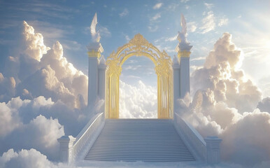 staircase and gate in heaven in the clouds, symbol of paradise