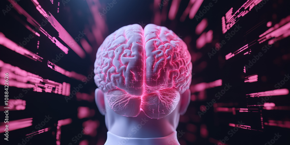 Poster 3d render human brain surrounded by vibrant flow of data, showcasing neural connections and technolo