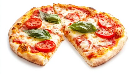 A mouthwatering pizza topped with gooey cheese, fresh tomatoes, and aromatic basil leaves