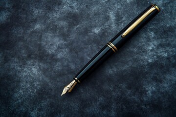 Sleek and Elegant Fountain Pen with Glossy Black Barrel and Gold Accents on Dark Gray Background