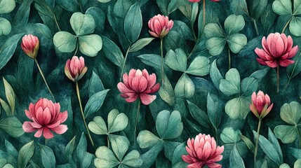 Seamless watercolor pattern featuring vibrant clover flowers and lush leaves perfect for textile design and stationery