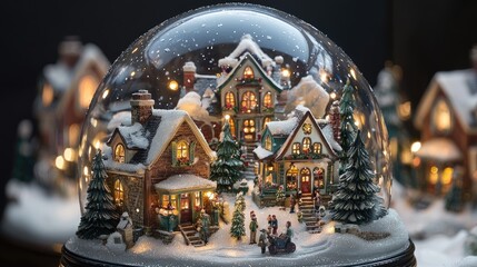 Snow globe depicting a cozy winter village scene with lights and trees.
