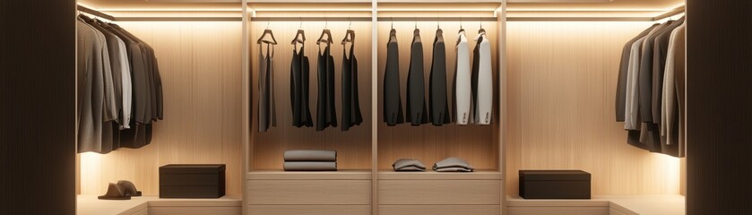 Symmetrical walkin closet design featuring glowing LED lighting wooden finishes and soft beige aesthetic minimalistic and modern style