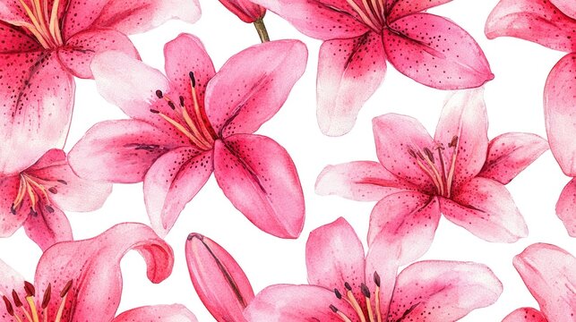 Seamless pink lily flower pattern on a clean white background vibrant watercolor illustration