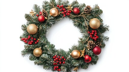 Christmas wreath with golden ornaments and red berries on a white background.