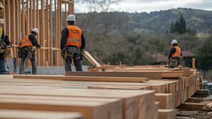 Construction workers in safety gear on a building site with wooden beams.