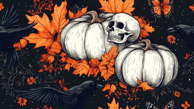 Seamless pattern featuring hand drawn white pumpkins skulls black ravens and butterflies with botanical frame for autumn themed decorations and cards