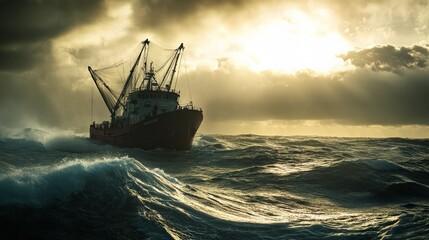 Fototapeta premium Struggling fishing vessel battling stormy seas ocean photography dramatic weather side view resilience of nature