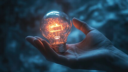 Close up of hand holding abstract glowing circuit light bulb on blue background. Future, innovation and solution concept