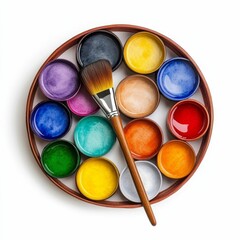 Paint palette with colorful paints and brush.