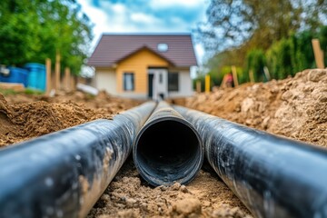 Large pipes in a trench near a house. Shows underground utility installation for new construction.