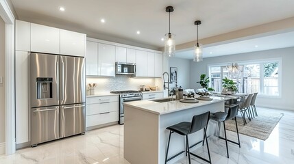 Modern White Kitchen Island with Stainless Steel Appliances