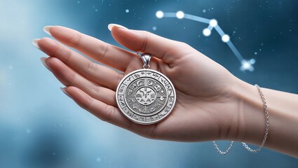 Silver zodiac pendant held by a hand against a starry background