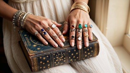 Hands adorned with colorful rings resting on an ancient astrology book