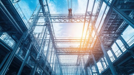 Steel structure under construction. Illustrates industrial strength, progress, and modern architecture.