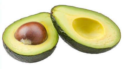 A perfectly ripe avocado sliced open to reveal its creamy green interior, Its smooth texture and subtle variations in color captured in exquisite detail