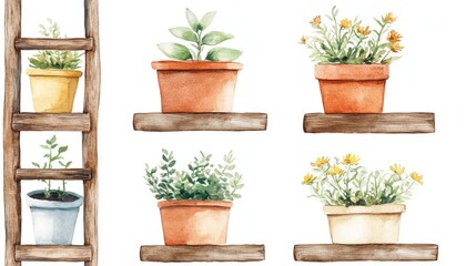 Fototapeta premium Watercolor illustration of a rustic wooden ladder for flower pots seamless pattern design on a clean white background
