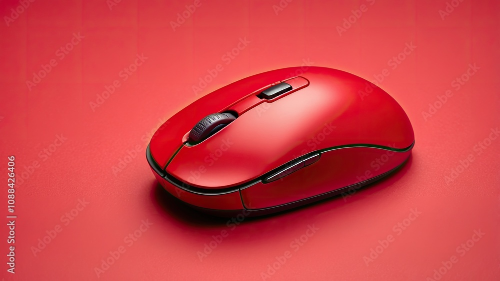 Aufkleber top view of a studio photo of a red wireless computer mouse on a red