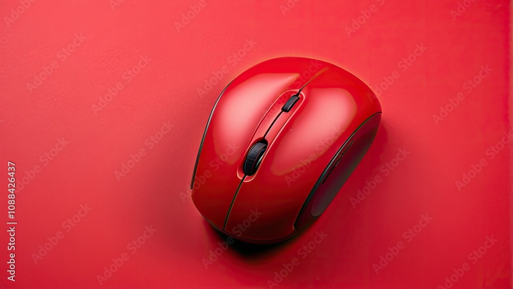 Aufkleber top view of a studio photo of a red wireless computer mouse on a red