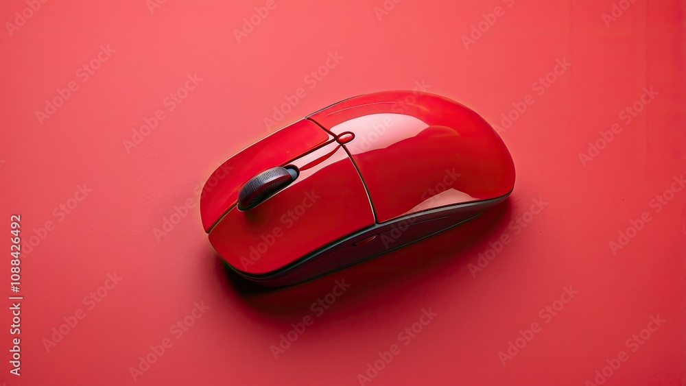 Aufkleber top view of a studio photo of a red wireless computer mouse on a red