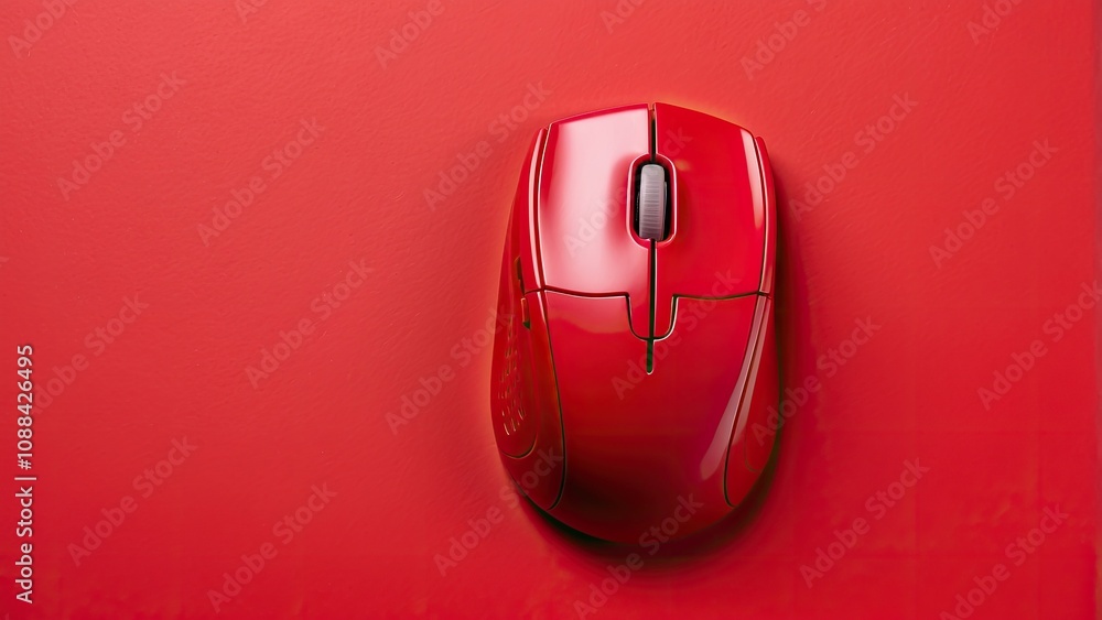 Aufkleber top view of a studio photo of a red wireless computer mouse on a red