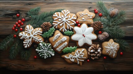 Colorfully Christmas cookies on rustic wooden background