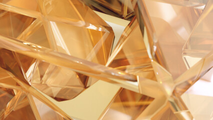 Elegant background with polygonal crystal shapes. A 3D design of a geometric jewelry surface. Scenes with gold reflected crystals in the background. Artistic background.