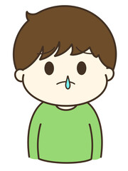 鼻水を垂らして困っている男の子のゆるかわイラスト