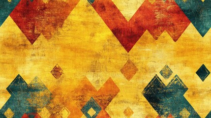 Naklejka premium Vibrant geometric mosaic seamless pattern on a hand drawn paper background featuring yellow grunge and gold ethnic art elements