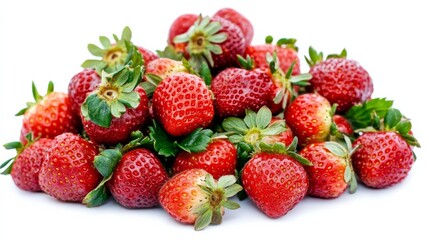 A pile of freshly picked strawberries, their bright red hue and juicy texture inviting, Set against an isolated white background to accentuate their natural sweetness 