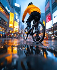 Dynamic Urban Cycling in Rain: Vibrant Night Reflections and Adventure on Two Wheels in the City