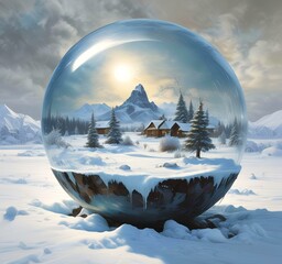 Illustration of winter landscape in frozen earth globe.