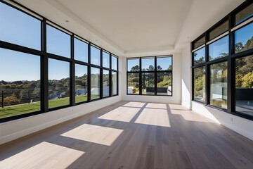 Fototapeta premium Empty Room with Huge Windows and Beautiful View in Modern Home Design