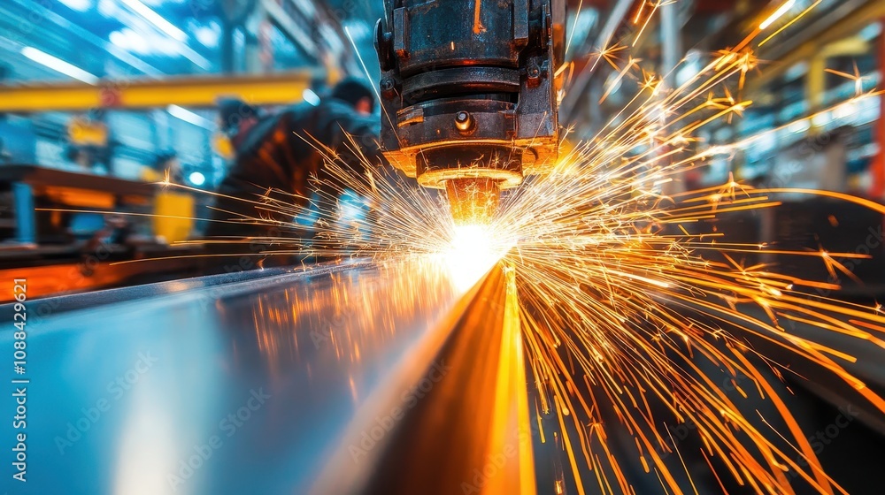 Poster a close-up of a cutting tool creating sparks while working on metal in an industrial setting.