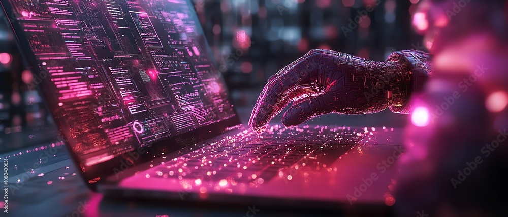 Poster a digital workspace of an it professional, glowing laptop screen displaying file icons and cloud int