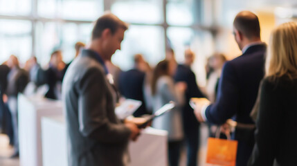  Conference Registration Blur: A blurred background of people checking in at a business conference. 