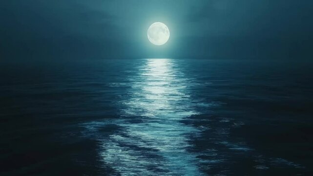 Silvery moonlight across sea expanse, ocean water surface with reflection. calm landscape 4k UHD.