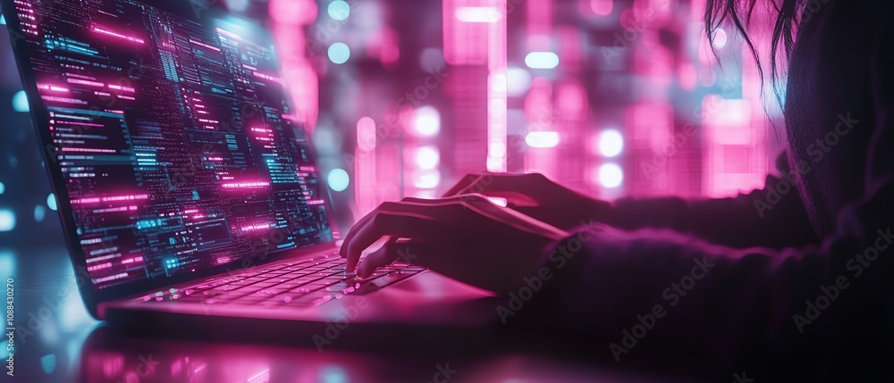 Poster a digital workspace of an it professional, glowing laptop screen displaying file icons and cloud int