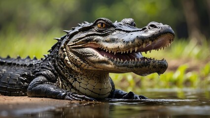 Obraz premium Close-up of a Black Caiman profile at the water's edge in Pantanal Wetlands, Mato Grosso, Brazil, with its mouth open against a defocused background