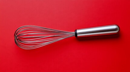 Polished Metallic Whisk on Solid Red Background with Highlighting